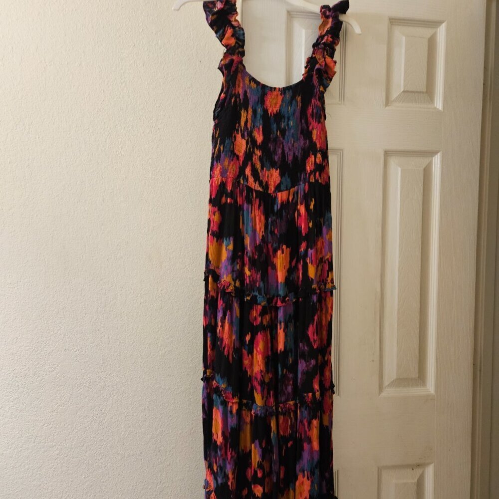 Boho prairie tier ruffle multicolor Vacay Resort Cottagecore Beach maxi dress L - Picture 9 of 15
